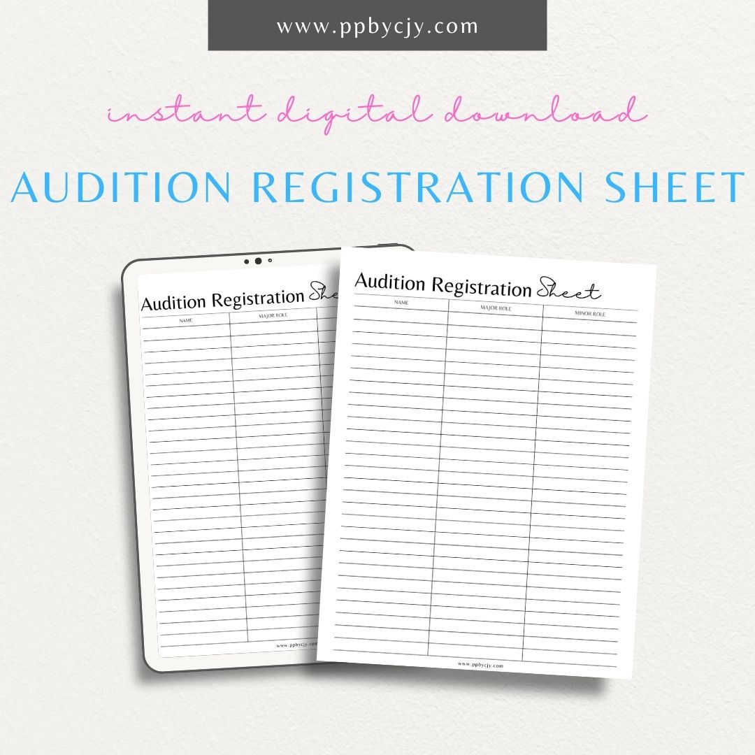 Audition Registration Sheet Printable PDF Template for actors and performers

