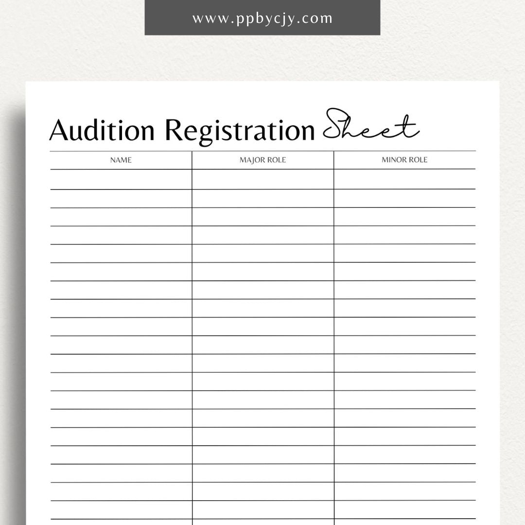 Audition Registration Sheet Printable PDF Template for actors and performers

