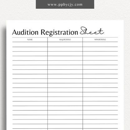 Audition Registration Sheet Printable PDF Template for actors and performers

