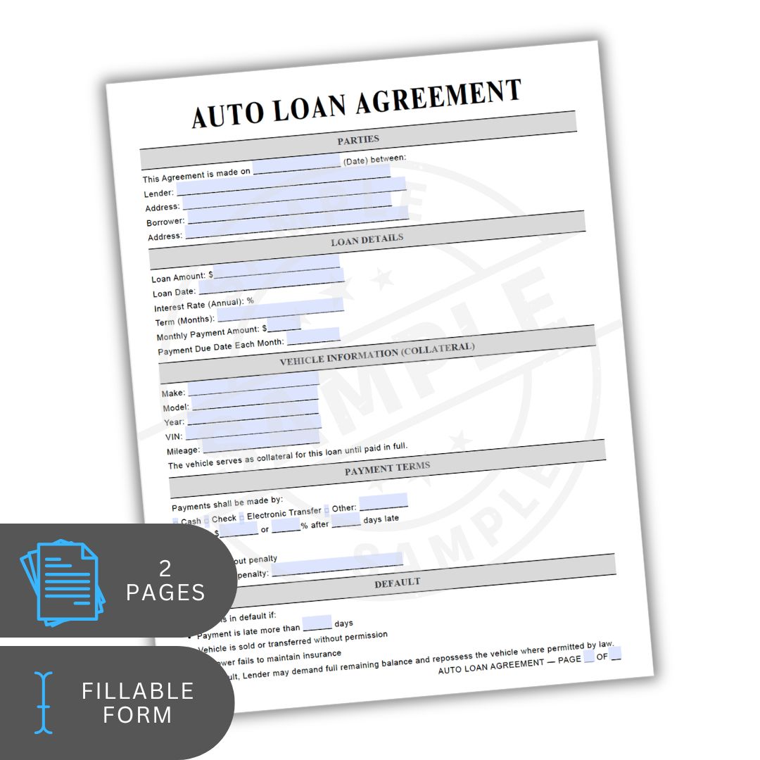 Auto loan agreement form with fillable text on a white background