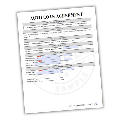 Auto loan agreement form on a white background