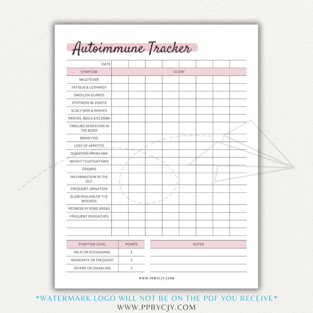 Autoimmune Disease Tracker Printable PDF Template with sections for symptoms, medications, triggers, and progress tracking.
