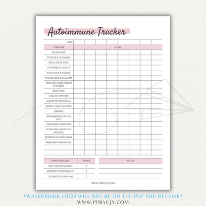 Autoimmune Disease Tracker Printable PDF Template with sections for symptoms, medications, triggers, and progress tracking.
