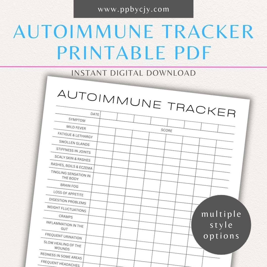 Autoimmune Disease Tracker Printable PDF Template with sections for symptoms, medications, triggers, and progress tracking.
