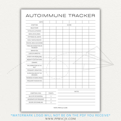 Autoimmune Disease Tracker Printable PDF Template with sections for symptoms, medications, triggers, and progress tracking.
