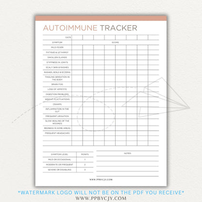 Autoimmune Disease Tracker Printable PDF Template with sections for symptoms, medications, triggers, and progress tracking.
