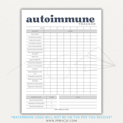 Autoimmune Disease Tracker Printable PDF Template with sections for symptoms, medications, triggers, and progress tracking.
