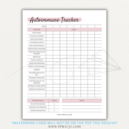 Autoimmune Disease Tracker Printable PDF Template with sections for symptoms, medications, triggers, and progress tracking.
