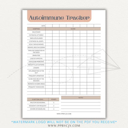 Autoimmune Disease Tracker Printable PDF Template with sections for symptoms, medications, triggers, and progress tracking.
