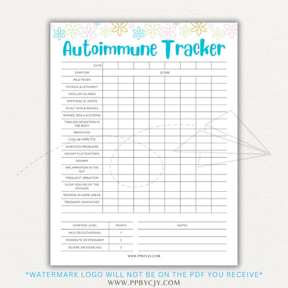 Autoimmune Disease Tracker Printable PDF Template with sections for symptoms, medications, triggers, and progress tracking.
