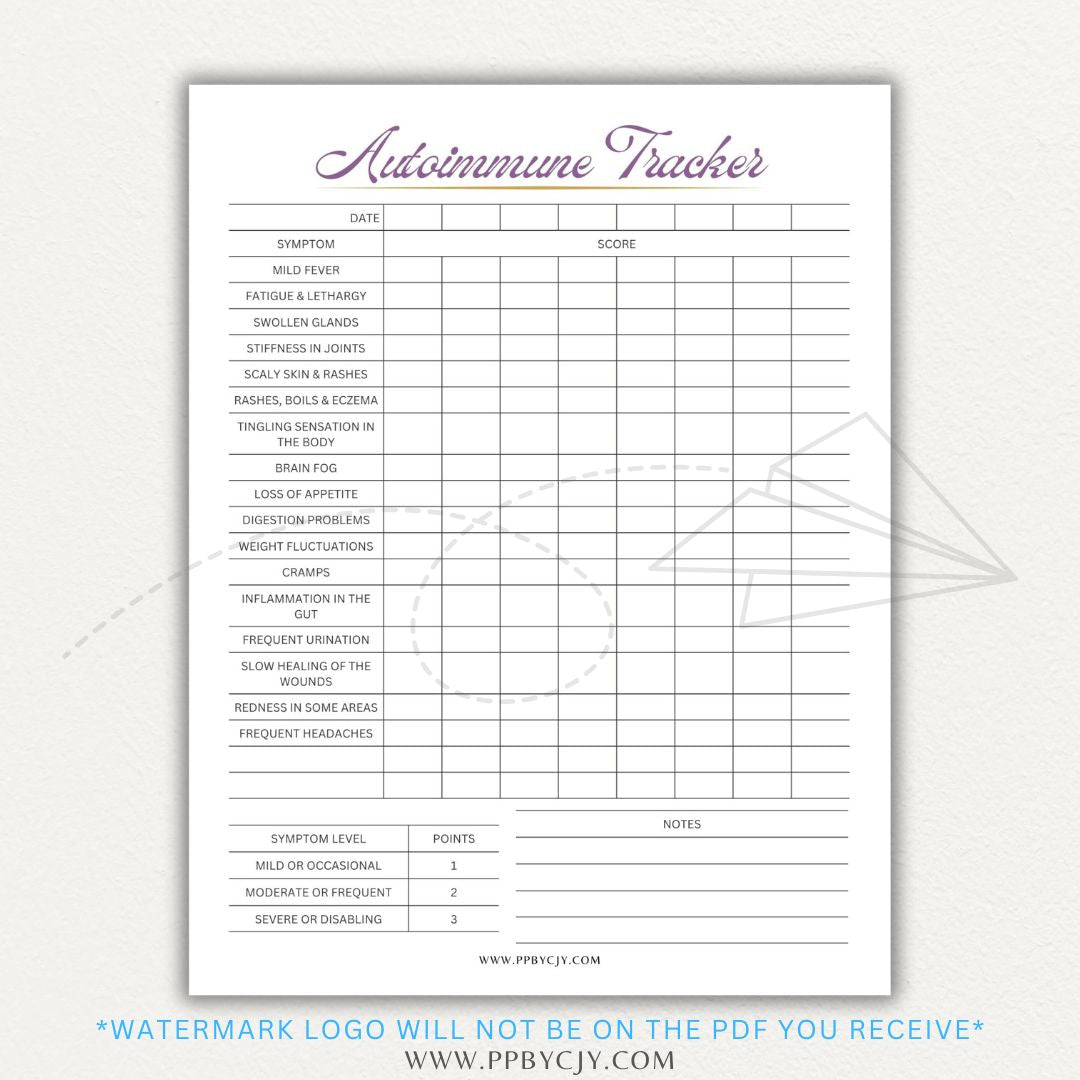 Autoimmune Disease Tracker Printable PDF Template with sections for symptoms, medications, triggers, and progress tracking.
