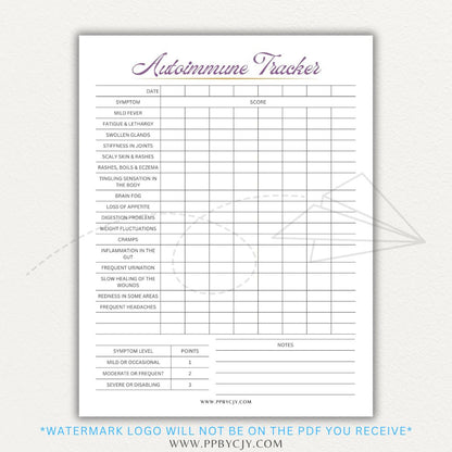 Autoimmune Disease Tracker Printable PDF Template with sections for symptoms, medications, triggers, and progress tracking.

