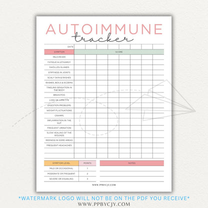 Autoimmune Disease Tracker Printable PDF Template with sections for symptoms, medications, triggers, and progress tracking.
