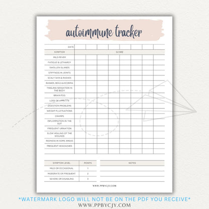 Autoimmune Disease Tracker Printable PDF Template with sections for symptoms, medications, triggers, and progress tracking.
