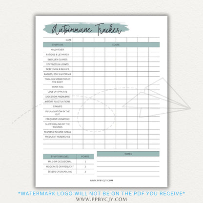 Autoimmune Disease Tracker Printable PDF Template with sections for symptoms, medications, triggers, and progress tracking.
