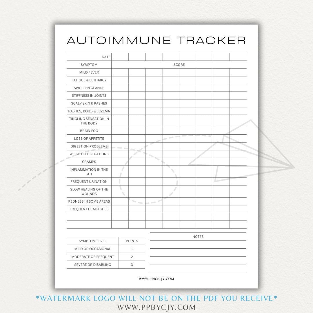 Autoimmune Disease Tracker Printable PDF Template with sections for symptoms, medications, triggers, and progress tracking.

