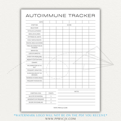 Autoimmune Disease Tracker Printable PDF Template with sections for symptoms, medications, triggers, and progress tracking.

