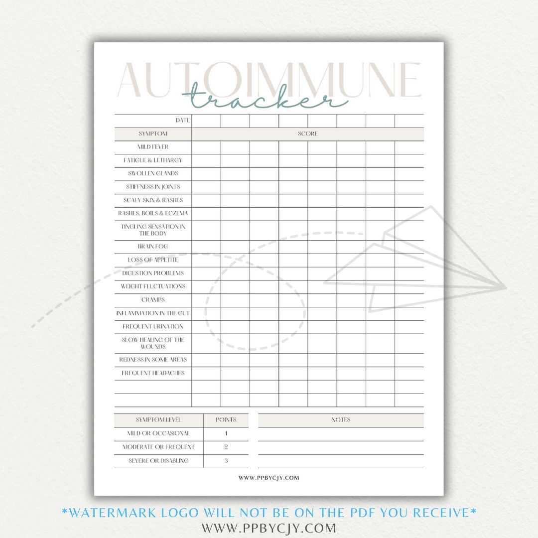 Autoimmune Disease Tracker Printable PDF Template with sections for symptoms, medications, triggers, and progress tracking.

