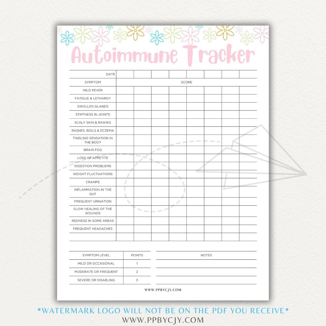 Autoimmune Disease Tracker Printable PDF Template with sections for symptoms, medications, triggers, and progress tracking.

