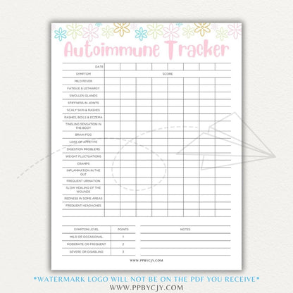 Autoimmune Disease Tracker Printable PDF Template with sections for symptoms, medications, triggers, and progress tracking.

