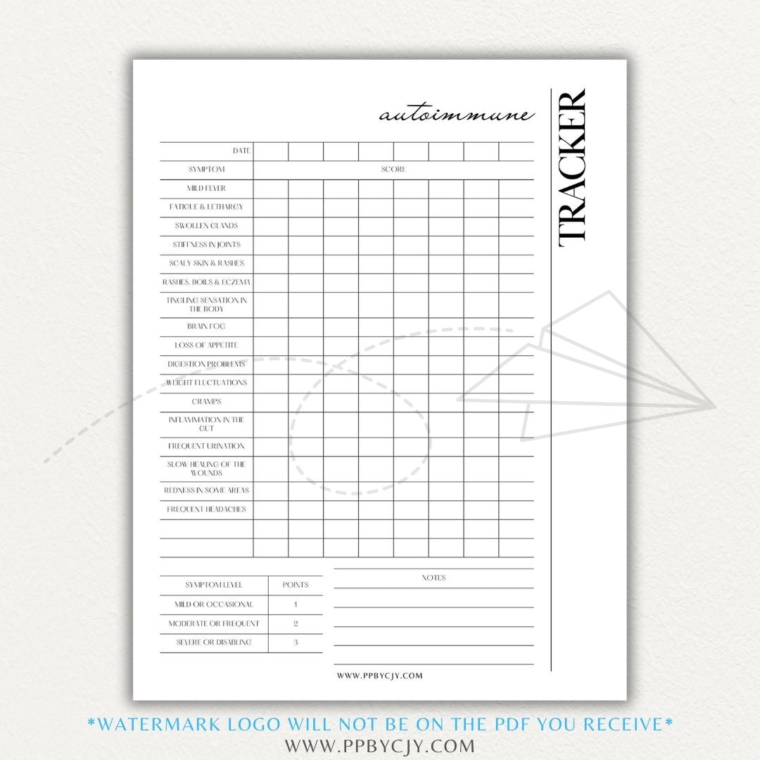 Autoimmune Disease Tracker Printable PDF Template with sections for symptoms, medications, triggers, and progress tracking.

