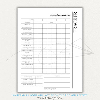 Autoimmune Disease Tracker Printable PDF Template with sections for symptoms, medications, triggers, and progress tracking.

