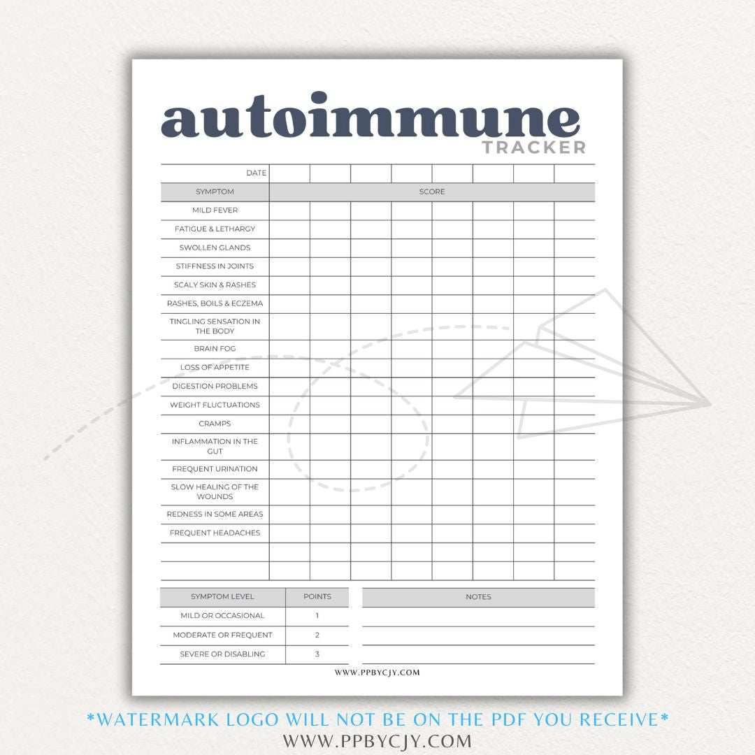 Autoimmune Disease Tracker Printable PDF Template with sections for symptoms, medications, triggers, and progress tracking.

