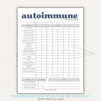 Autoimmune Disease Tracker Printable PDF Template with sections for symptoms, medications, triggers, and progress tracking.

