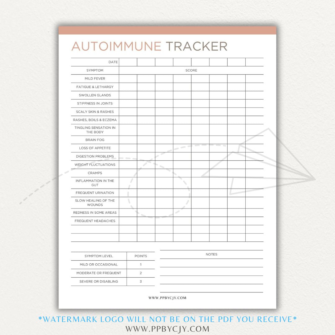 Autoimmune Disease Tracker Printable PDF Template with sections for symptoms, medications, triggers, and progress tracking.

