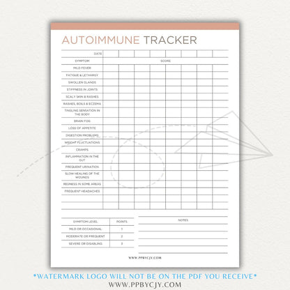 Autoimmune Disease Tracker Printable PDF Template with sections for symptoms, medications, triggers, and progress tracking.

