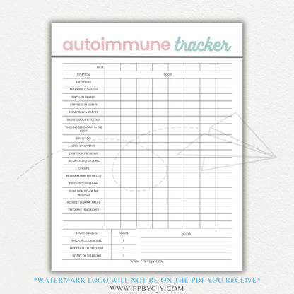 Autoimmune Disease Tracker Printable PDF Template with sections for symptoms, medications, triggers, and progress tracking.

