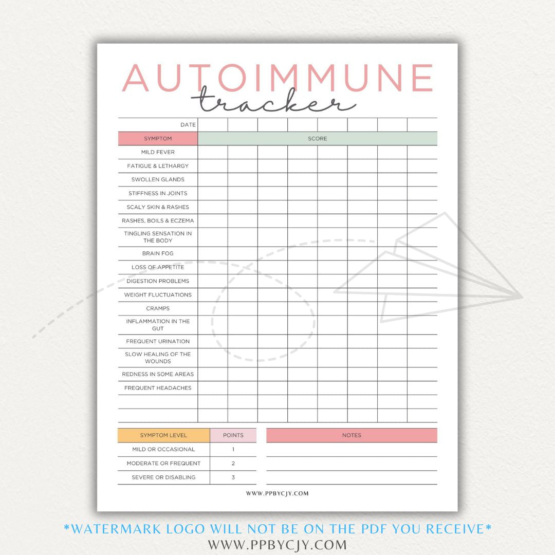 Autoimmune Disease Tracker Printable PDF Template with sections for symptoms, medications, triggers, and progress tracking.

