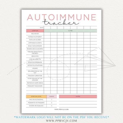 Autoimmune Disease Tracker Printable PDF Template with sections for symptoms, medications, triggers, and progress tracking.

