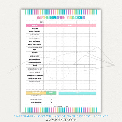 Autoimmune Disease Tracker Printable PDF Template with sections for symptoms, medications, triggers, and progress tracking.

