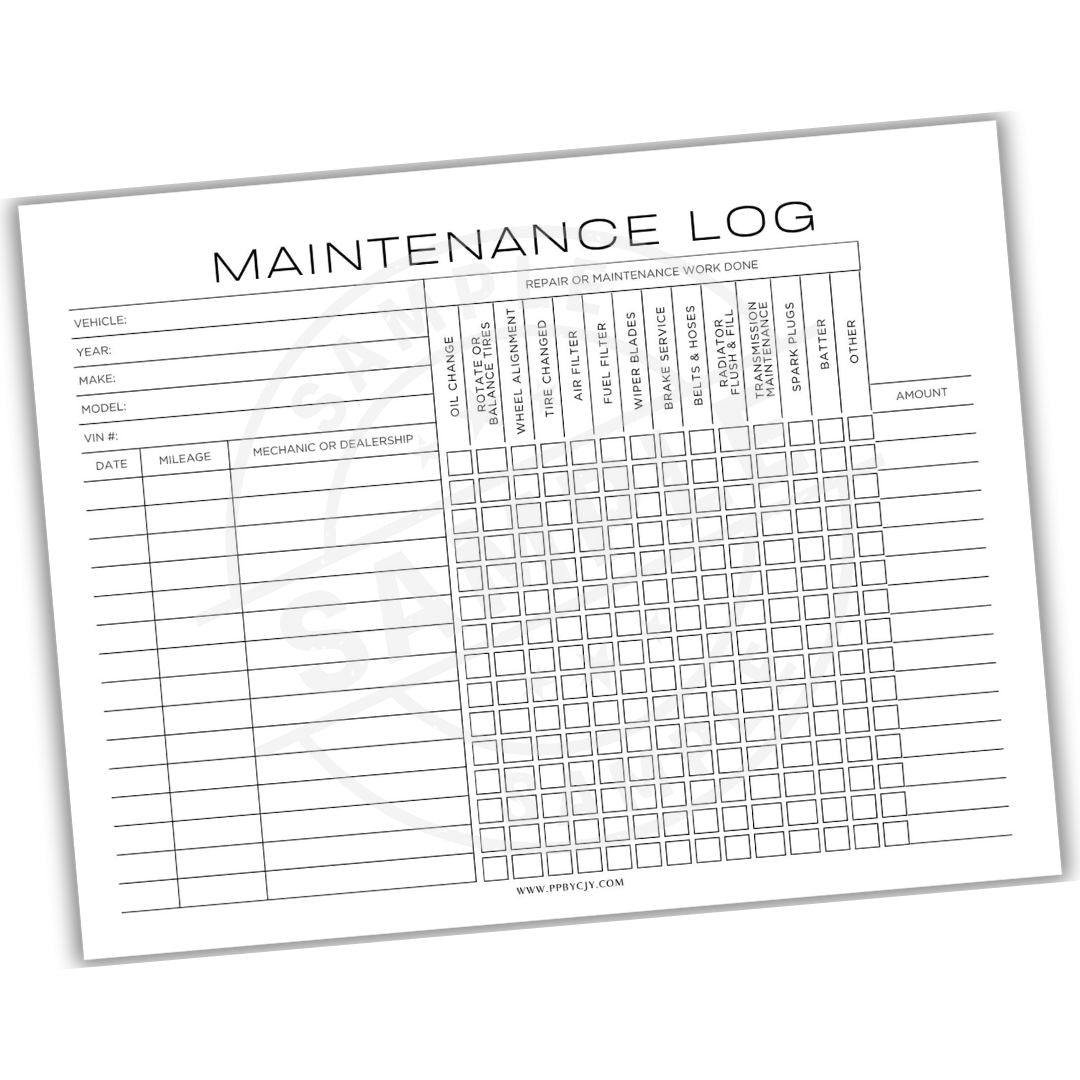 Maintenance log sheet with columns for vehicle details and repair information on a white background.