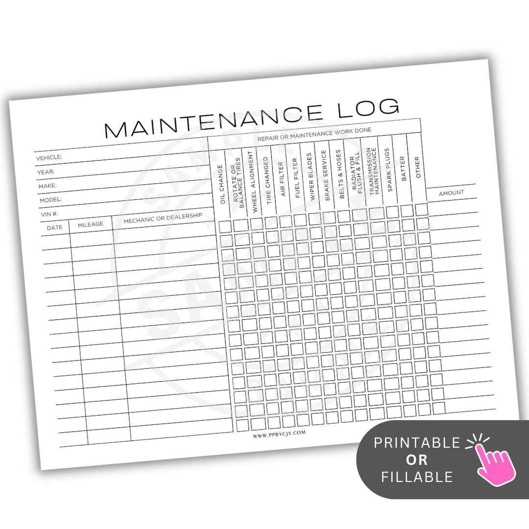 Automotive Maintenance Log Printable PDF Template