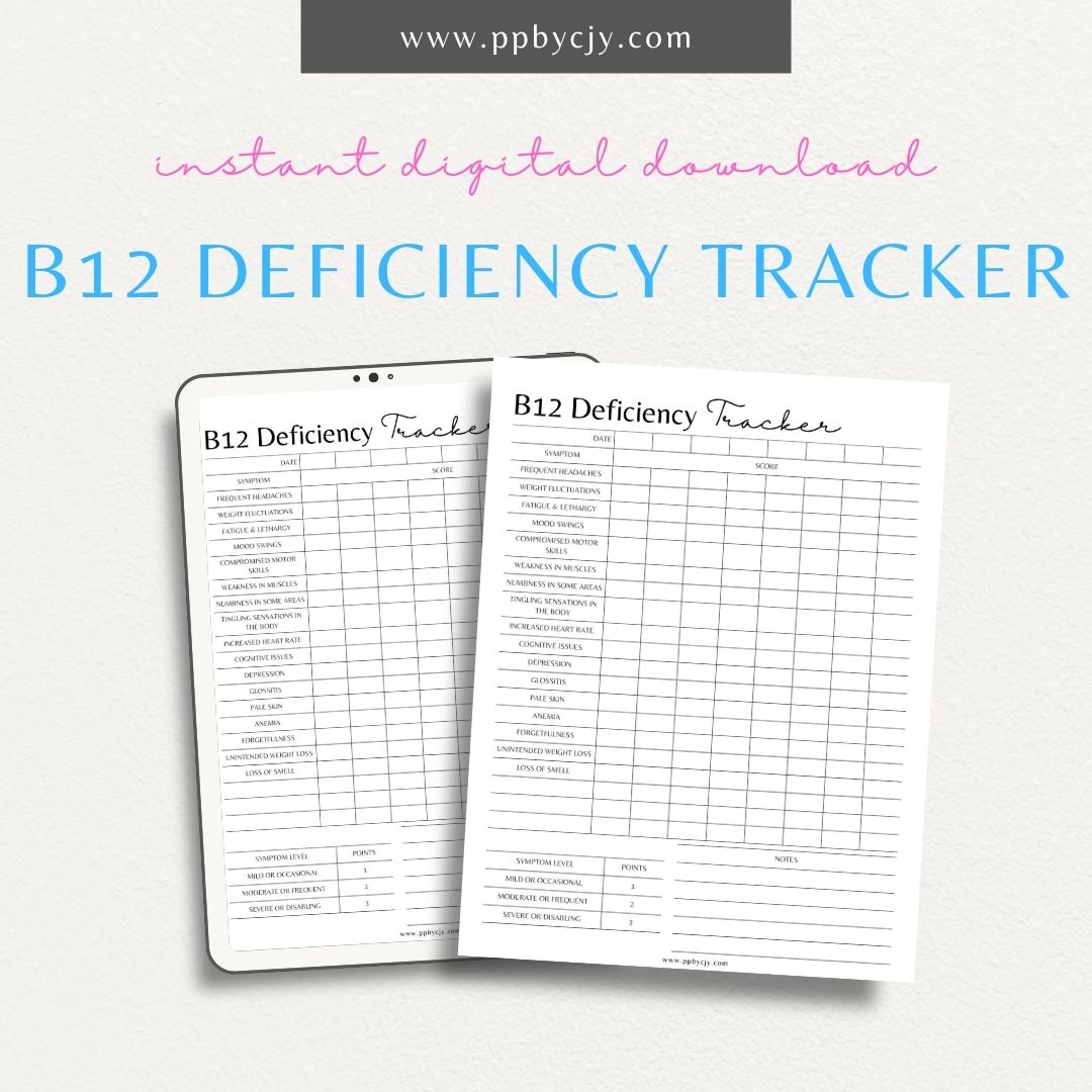 B12 Deficiency Tracker Printable PDF Template for monitoring B12 levels and symptoms

