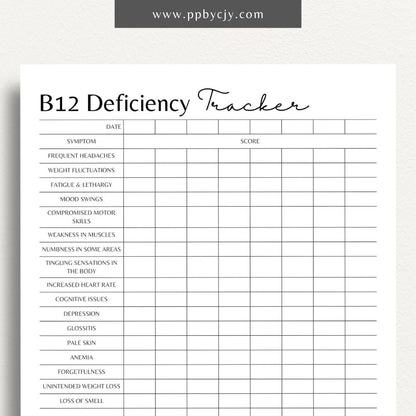 B12 Deficiency Tracker Printable PDF Template for monitoring B12 levels and symptoms

