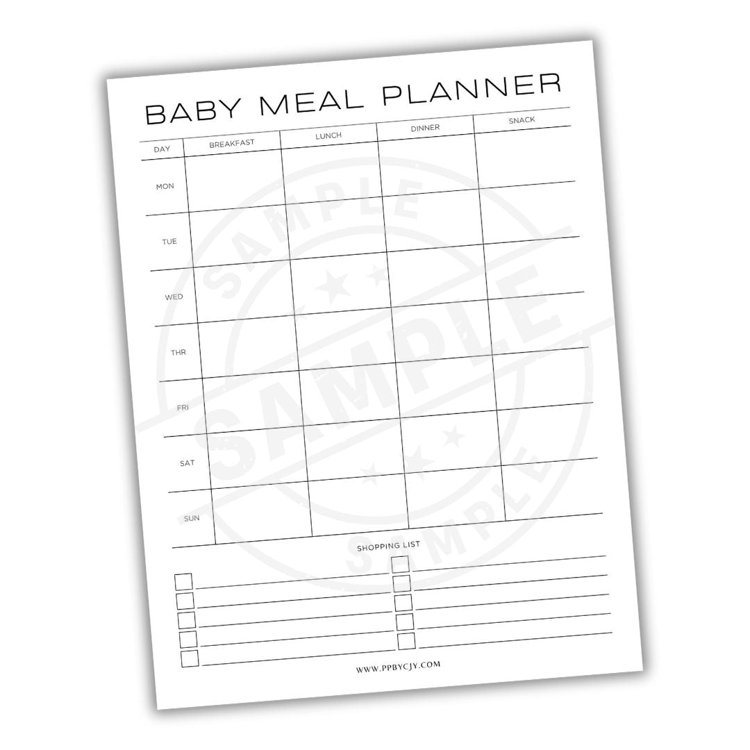 Baby meal planner sheet with days of the week and meal categories on a white background