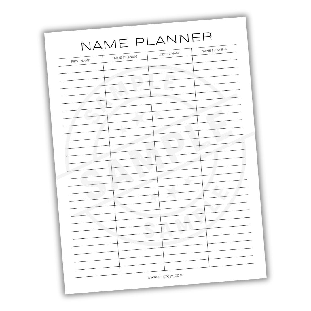 Name planner sheet with columns for first name, last name, nickname, and name meaning on a white background.
