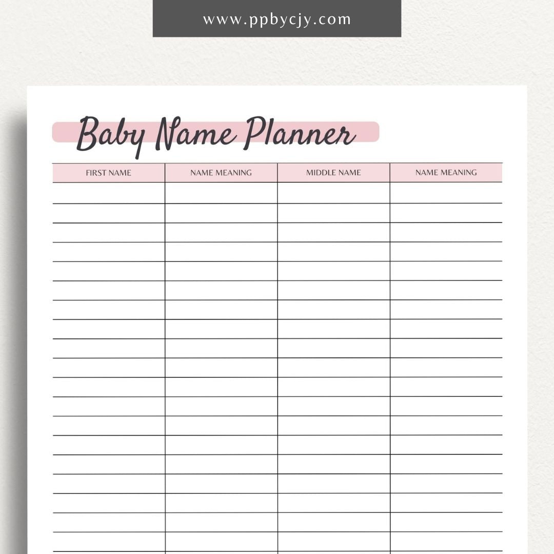 Baby Name Planner Printable PDF Template