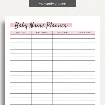 Baby Name Planner Printable PDF Template