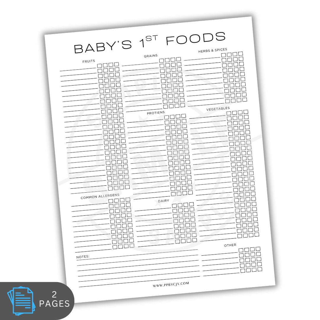 Sheet titled 'Baby's 1st Foods' with checkboxes for food categories on a white background.