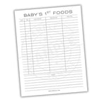 Sheet for recording baby's first foods with columns for date, time, food served, preparation, and reaction.