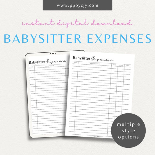 Babysitter Expense Tracker Printable Template – Digital Download for Recording and Managing Babysitting Costs