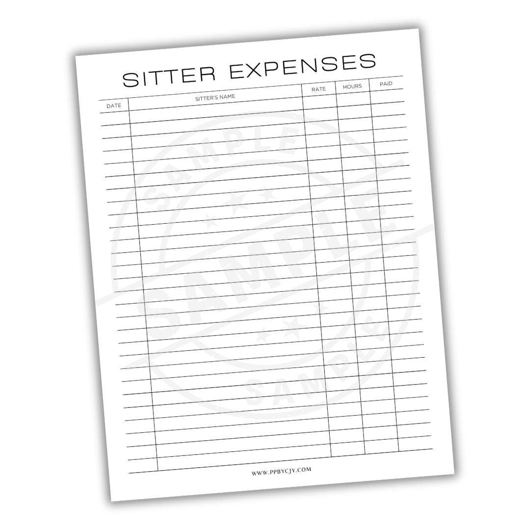 Sheet titled 'Sitter Expenses' with columns for date, sitter's name, rate, hours, and paid.