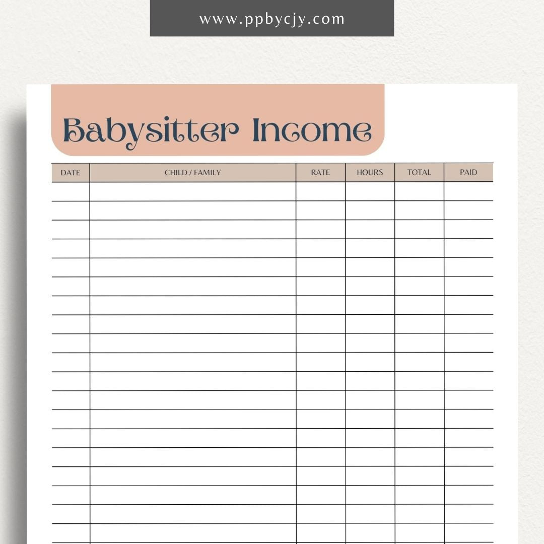 Babysitter Income Tracker Printable Template – Digital Download for Recording and Managing Babysitting Earnings