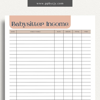 Babysitter Income Tracker Printable Template – Digital Download for Recording and Managing Babysitting Earnings