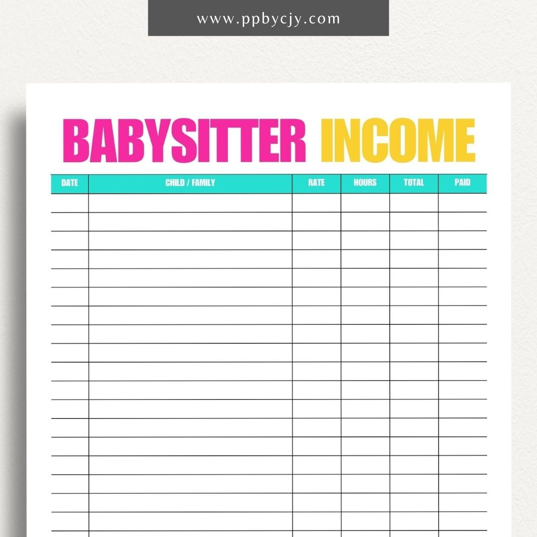 Babysitter Income Tracker Printable Template – Digital Download for Recording and Managing Babysitting Earnings