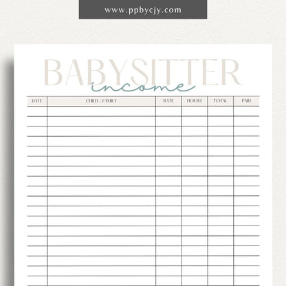 Babysitter Income Tracker Printable Template – Digital Download for Recording and Managing Babysitting Earnings